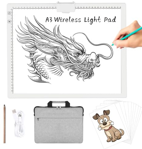 TOHETO A3 Rechargeable Led Bright Light Pad with Carry Bag, 6-Level and Stepless 3 Colors Dimming Brightness Light Box with Built-in Stand, Magnetic Clip for Diamond Painting, Weeding Vinyl (White)