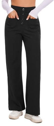 Desol Pantalones de tela para mujer, pierna ancha, cintura alta, pantalones de negocios para mujer, tira de botones, pantalones palazzo elásticos con varios bolsillos, Negro , XXL
