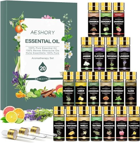 Aeshory Essential Oils Set 20x5 ML -100% Natural Fragrance Oils-Perfect for Diffuser, Humidifier,Aromatherapy, Massage, Scented Candle, Perfume, Soap and Bath Bombs Making
