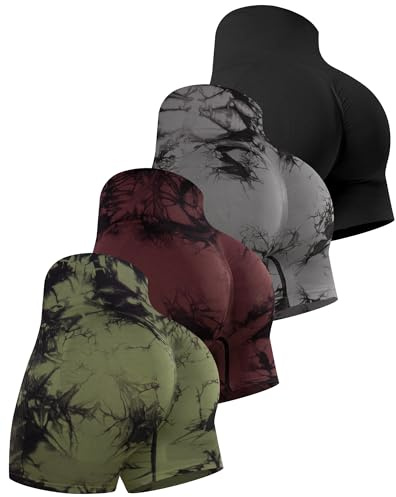 CHRLEISURE Women's 4 Packs Workout Gym Shorts, High Waisted Butt Lifting Scrunch Butt Seamless Booty Shorts(Tie Dyed Black/Army Green/Cassis,L)