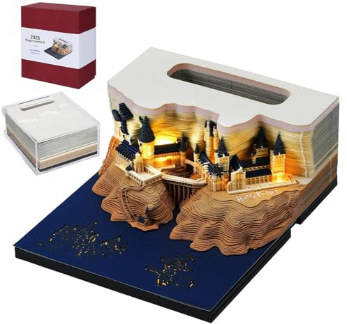 Wikay 3D Desk Calendar 2026 Memo Pad with LED Light, 2026 Time Piece Calendar 3D Castle Weekly Calendar Notepad DIY Paper Carving Art Craft Gift for Christmas New Year Office/School Desktop Decoration