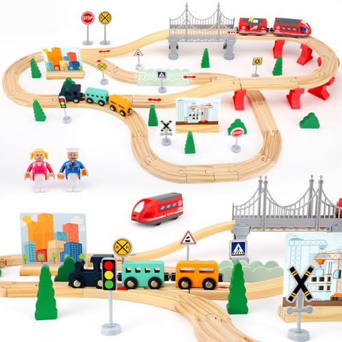 Biebuxo Tren de Madera Infantil 72 Unids con Rieles - Juguete para Niños 3 4 5 6 Años con Accesorios Granja, Coches, Tractor, Puente, Árboles, Paneles