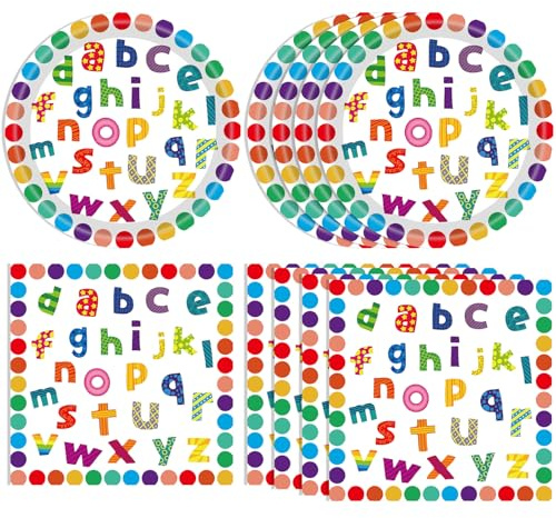 DURYGEN 40PCS Alphabet Number Party Supplies Rainbow Alphabet Disposable Party Decor Included Alphabet Plates Napkins Back to School Decorations for Baby Shower Kids Birthday Alphabet Number Games