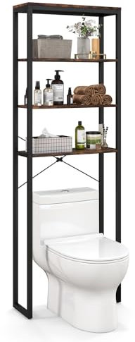 LIFEZEAL Toilettenregal, Badezimmerregal mit 3 offenen Ablagen, WC Regal mit Metallrahmen, Platzsparendes Regal Über der Toilette, Schwarz + rustikales Braun