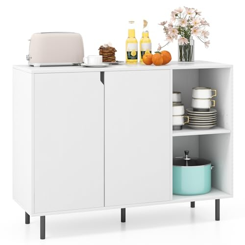 GIANTEX Aparador Buffet de Cocina con 2 Puertas, Armario con Estantes Ajustables y Patas Metálicas, 106 x 38 x 80 cm, con Kit Antivuelco, Mueble de Almacenamiento para Comedor, Salón (Blanco)