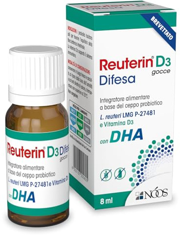Fermenti Lattici Probiotici per Intestino Reuterin® D3 Difesa Gocce 8ml Fermenti Lattici Adulti, Bambini Probiotico Completo con Lactobacillus Reuteri, Vitamina D3 e DHA Integratore Flora Intestinale