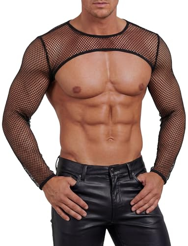 FEOYA nät crop top herr nätskjorta långärmad magfri transparent nättopp sexig fisknät beskuren muskel skjorta ärmar bolero party klubbkläder T-shirt