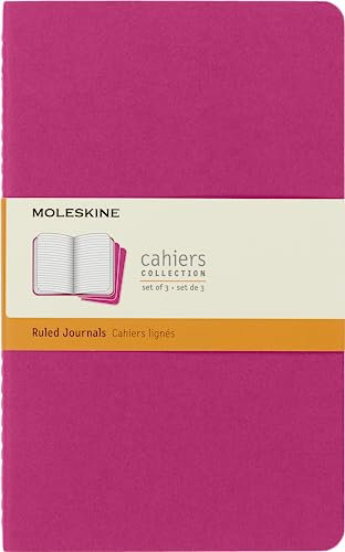 Moleskine Cahier Journal, Set 3 Notebooks with Ruled Pages, Cardboard Cover with Visible Cotton Stiching, Colour Kinetic Pink, Large 13 x 21 cm, 80 Pages