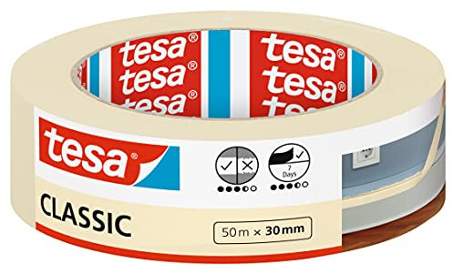 tesa Malerband CLASSIC - Abdeckband zum Abkleben bei Malerarbeiten - lösungsmittelfrei, rückstandslos entfernbar - 50 m x 30 mm