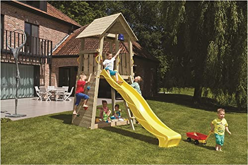 Torre de juegos Belvedere de madera de alerce natural, dimensiones 135 x 105 x 329 cm, con tobogán ondulado verde manzana, caja de arena, escalera y asas.