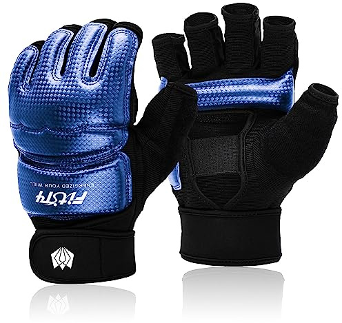 FitsT4 Sports Half Mitts MMA UFC Training Boxing Punch Bag Kickboxing Sparring Grappling Martial Arts Muay Thai Taekwondo Wrist Wraps Support Gloves for Women Men Kids Blue M