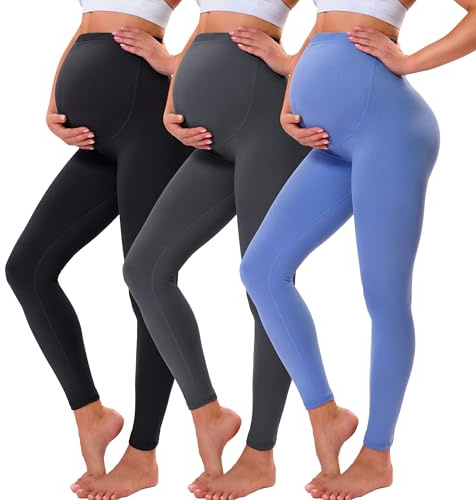 VALANDY Creamlush - Leggings de maternidad sobre el vientre, suaves, con soporte para el vientre, ajustables, cintura alta, pantalones de embarazo, pijama de yoga, Paquete de 3: negro, gris oscuro,