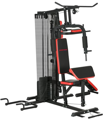 SPORTNOW Station de Musculation Multifonction Ajustable Banc Fitness 10 contrepoids 65 kg avec Filet de Protection Appareil de Musculation à Domicile Noir et Rouge