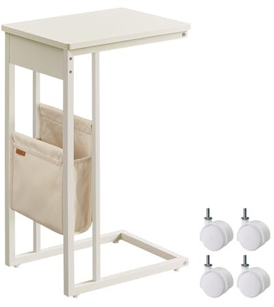 VASAGLE Beistelltisch, Sofatisch mit Rollen, C Form, Couchtisch klein, Stofftasche, verstellbare Füße, Schlafzimmer, Wohnzimmer, cremeweiß LET357W77