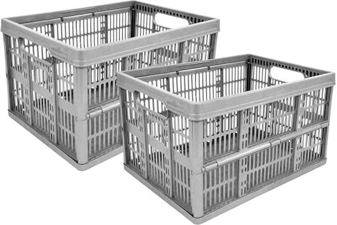 STAR SUPPLIES Pack Of 2 Space Saving Light Grey Flat Folding Fruit Vegetables 32L Strong Plastic Storage Crate Boxes