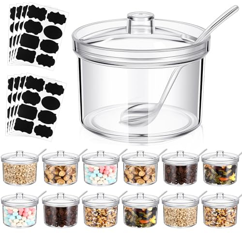 Tioncy 12 Pcs Ice Cream Bar Supplies Sugar Bowls with Lid and Spoon Acrylic Candy Dispenser Party Bar Hot Cocoa Sundae Caramel Apple Dipping Container with Tag (13.5 oz,Clear)
