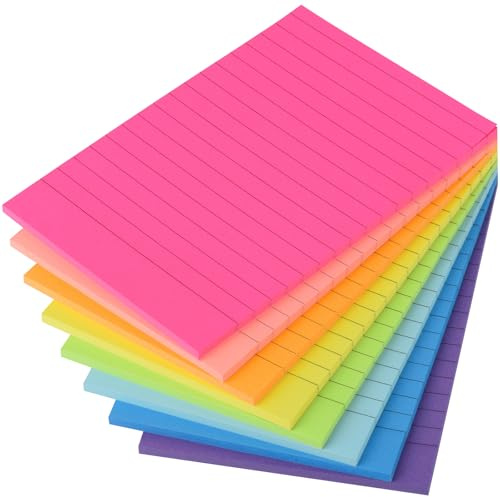 ZCZN Lined Sticky Notes - 8 Pads, Bright Colours Self-Stick Notes, 98mm x 150mm, 40 Sheets/Pad, 320 Sheets Total