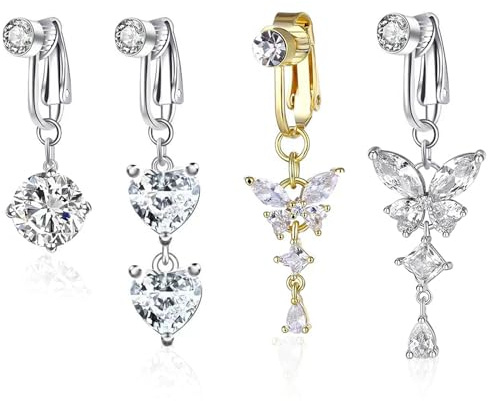 IETWATE 4 Pièces Faux Piercing Nombril Or et Argent, Faux Percing au Nombril Cœur Papillon, Non Piercing Nombril Grossesse, Faux Percing au Nombril Zircon Incrusté de Cuivre, pour Femmes Filles
