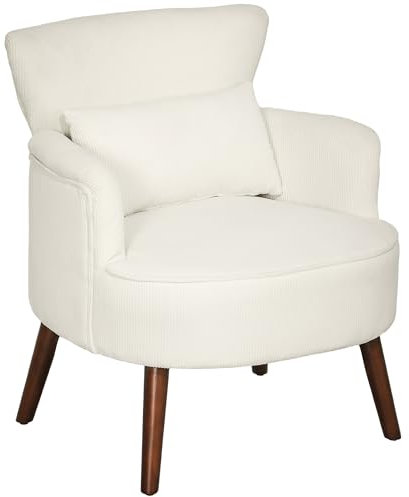 HOMCOM Sessel mit Rückenlehne, abgerundeten Armlehnen, Gepolstert Loungesessel mit Kordoptik, Holzbeine, für Schlafzimmer, Wohnzimmer, bis 120 kg, Cremeweiß