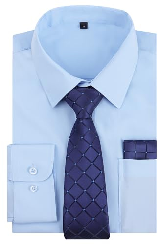 Alizeal Mens Dress Shirt with Tie Pocket Square Set Classic Long Sleeve Shirts Matching Necktie Button Down Shirt, Light Blue-Navy-3XL