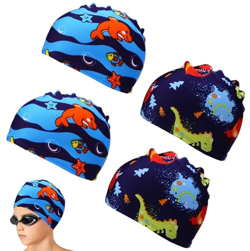 TUONYIS 4 Pezzi Kids Cuffia Piscina cuffia piscina bambino Cuffia da Bagno Elastico Cuffie da Nuoto di Cartoon cuffia piscina neonato cuffia piscina bambina per Bimbino Ragazzi Ragazze Età 4-10 (2 Mod