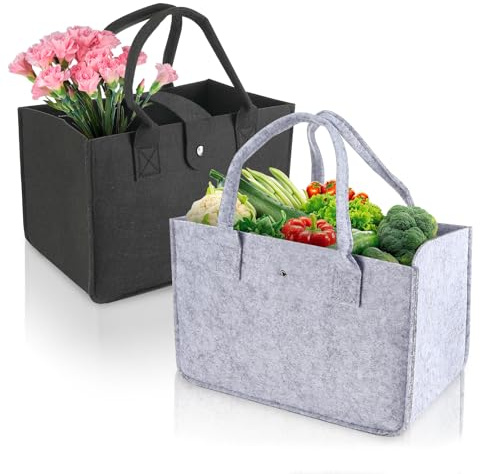 Tapvai 2 Pezzi Shopping Bag Donna In Feltro, 30 x 20 x 18 cm, Borsa Spesa con Manici, Borsa Shopper Donna Pieghevole, Reisenthel Shopper per Legna Giornali Spesa Uscite (Nero, Grigio)