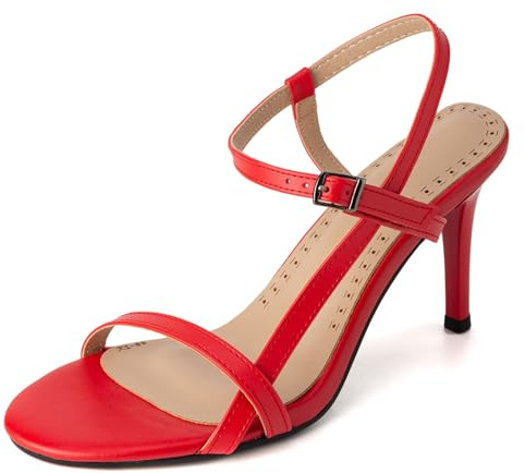 MiaZane Women's Strappy Sandals Slingback Stiletto Heel Ankle Strap Pumps Buckle Square Toe Leather Dress Sandals for Wedding & Summer,Red,10 UK