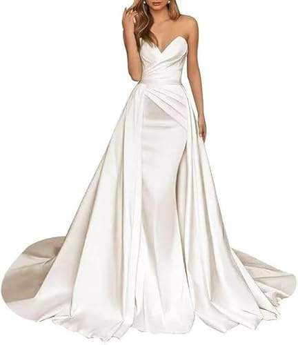Generic - Abito da sposa in raso, sirena, senza spalline, con ruches, da damigella d'onore, corsetto lungo con strascico, abito da sera formale, avorio, M