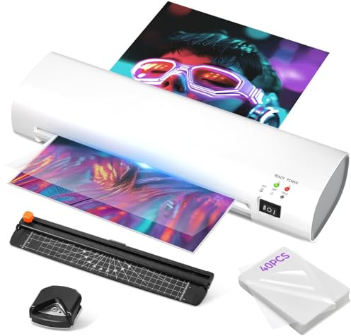 A4 Laminator Machine with 40 Laminating Pouches, Paper Trimmer, Corner Rounder, Thermal Laminator Hot and Cold Modus ABS Jam Release 80-125Micron 280mm/min for Home Office School Studio Bar