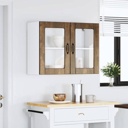 Homvdxl Wandschrank mit 2 Glastüren, 80 x 31 x 60 cm, schwebender Aufbewahrungsschrank, Wandschrank, Schlafzimmer, Küchenzeile - Eiche + Rustikal