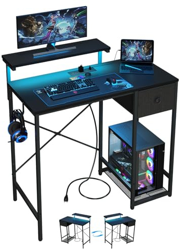 X-cosrack 33.5 Small Gaming Desk with LED Lights & Power Outlets, Compact Computer Desk with Monitor Stand & CPU Stand, Gamer Table with Storage Drawer, Side Hooks for Home Office, Bedroom, Black