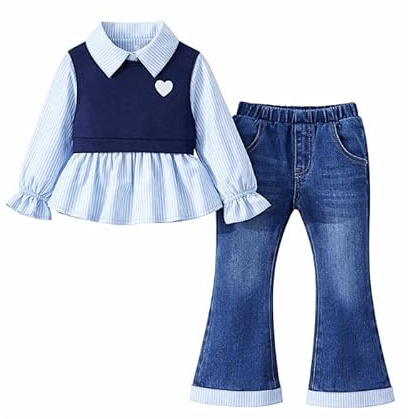 OrJana Completo Bambina 2 Pezzi Primavera Autunno, Camicetta a Righe con Gilet Cuore e Jeans a Zampa, Stile Preppy (navy, 7-8 anni)