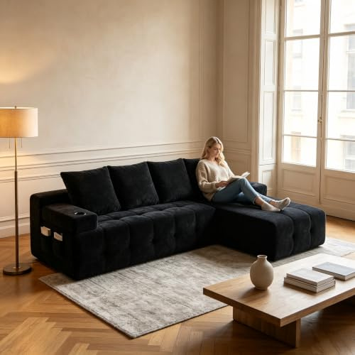 Sofá en forma de L con chaise lounge reversible, sofá de chenilla de 4 plazas con compartimento lateral y 2 soportes para bebidas, moderno sofá esquinero con 4 cojines de respaldo para salón