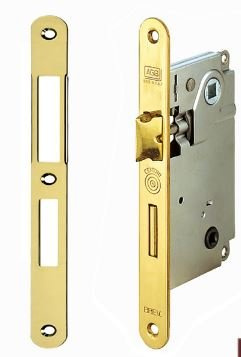 Serrure AGB série « Centre » – loquet et manœuvre laitonée peinte actionnée par le cadre de 6 mm. Entrée 50 – Entraxe mm. 90 – Avant mm. 22 x 196 avec contre-plaque.