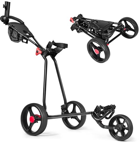 COSTWAY Chariot de Golf à 3 Roues Pliable avec Poignée Réglable Carte de Pointage Porte-Parapluie et Porte-Tee Support de Téléphone Sac en Maille Noir