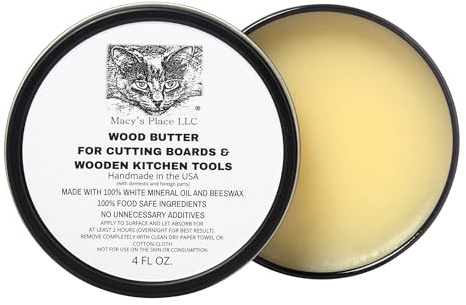 Wood Butter 4 fl oz Cutting Board Wax Conditioner for Butcher Block and Wooden Kitchen Tools. Macy;s Place Food Grade Protective Mineral Oil and Beeswax for Wooden Cutting Boards, Surfaces, and Tools.