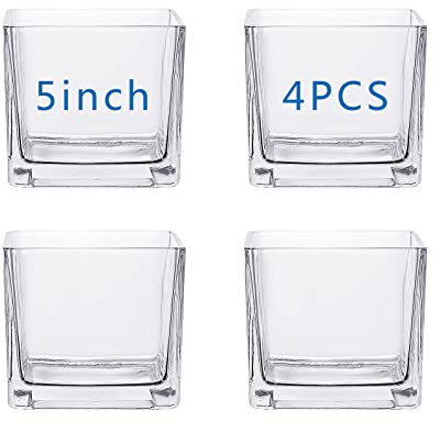 Square Glass Vases 5x5 Inch Clear Cube Flower Vase 4PCS for Wedding Centerpiece Candle Holder Home Decor Square Shape Flower Vase,Centerpieces