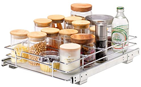 VEVOR Rangement sous Évier 315x420x85 mm 1 Étage Panier Coulissant pour Placard en Acier Chromé Tiroir Coulissant Cuisine avec Tablette Charge 13 kg, Taille d'Installation du Placard 345x450x185 mm