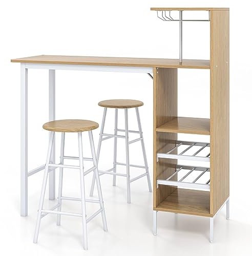 GiantexUK 3PCS Bar Table Set, Industrial Counter Height Dining Table and 2 Stools with Open Shelves, Cup Holder and Wine Rack, Kitchen Breakfast Table Furniture for Home Dining Room Pub (Natural) | Industrial Counter Height Dining Table and 2 Stools with Open Shelves, Cup Holder and Wine Rack for Home Dining Room Pub