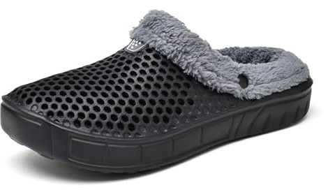ReverseClock Unisex Lightweight Clogs with Warm Fur Lined Slip on Mules Winter Indoor Slippers Garden Shoes for Women & Men (Black, 9)