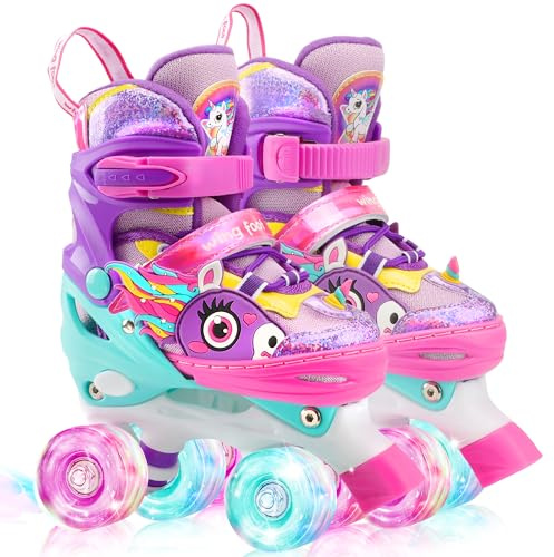 Licorne Roller Enfant Fille Patins à roulettes Ajustable avec Roues Allumées 4 Taille Réglable pour Filles Garçons Débutants Cadeau Noël d'anniversaire