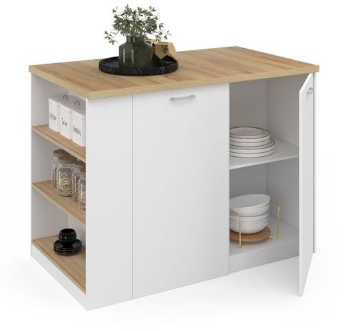 IDMarket - Ilot Central TIBO 120 cm Bois Blanc et façon hêtre