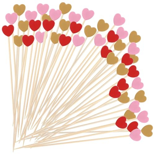 Amabro 100 Stück 12cm Pique Aperitif Holzspieße,Pic Aperitif Cure Dent Bois,Spieße Fingerfood Fondue Obstspieße Cocktail Deko Herzen Cocktailspieße Herzförmige Mehrfarbig Valentinstag Dekorationen