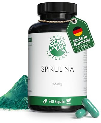 Spirulina Kapseln - Hochdosiert: 2000mg reinem Spirulina Pulver pro Tag - 2 Monatsvorrat - Ohne Zusätze, vegan & in Deutschland produziert - 240 Kapseln - Green Naturals®