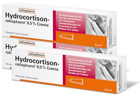 Hydrocortison-ratiopharm® 0,5% Creme bei allergischen und entzündlichen Hautirritationen, Juckreiz, sonnenbeanspruchter Haut und Insektenstichen. 3 x 30 g Creme im Sparset