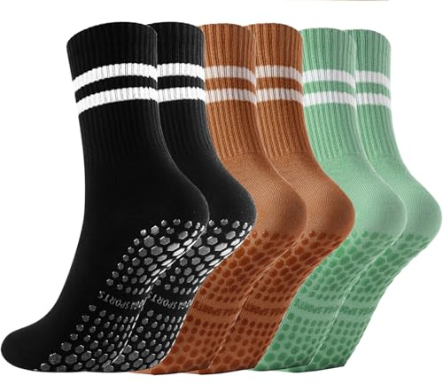 Gendewiner 3 Pairs Black Orange Grey green Non Slip Yoga Grip Pilates Socks for Women&Men Anti Slipper Grippy Socks for Ballet, Hospital, Dance, Trampoline, Barre