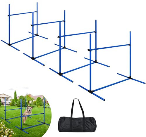 Suusolny Blau 4X Hürden für Hunde Agility-Ausrüstung Slalom Stangen Höhenverstellbar Slalom Training Trainingsset Trainingsstangen Sprungstangen-Set 104x70x101cm