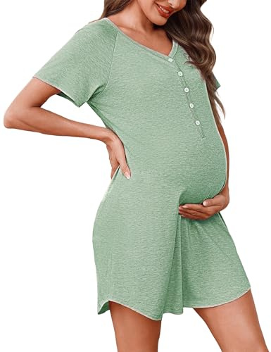 Uniexcosm Women's Maternity Nightdress Button Breastfeeding Nightwear Soft Nursing Nightgown for Pregnancy Short Sleeve Maternity Pyjamas Loungewear Green