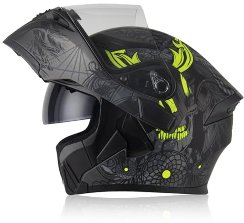 Oubaiya Casco de Motocicleta de Cara Completa, Solapa, Casco de Motocicleta Modular con Doble Visera, Aprobado por la ECE, para Hombres y Mujeres Adultos (Negro, L)