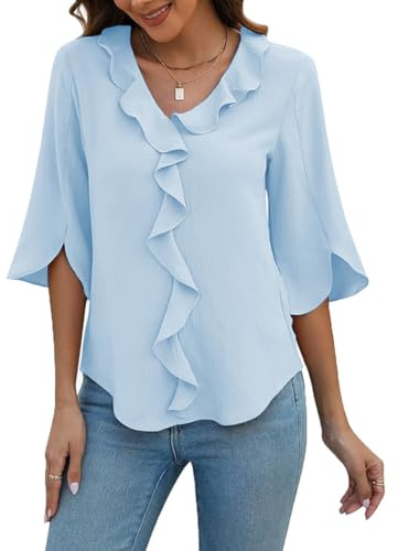 ABINGOO Mujer Verano Blusas Gasa Elegantes Manga 3/4 Cuello en V Camisas | Volantes Color Sólido Túnica Blusones Casual Blusa Vestir Camisa Fiesta Tops